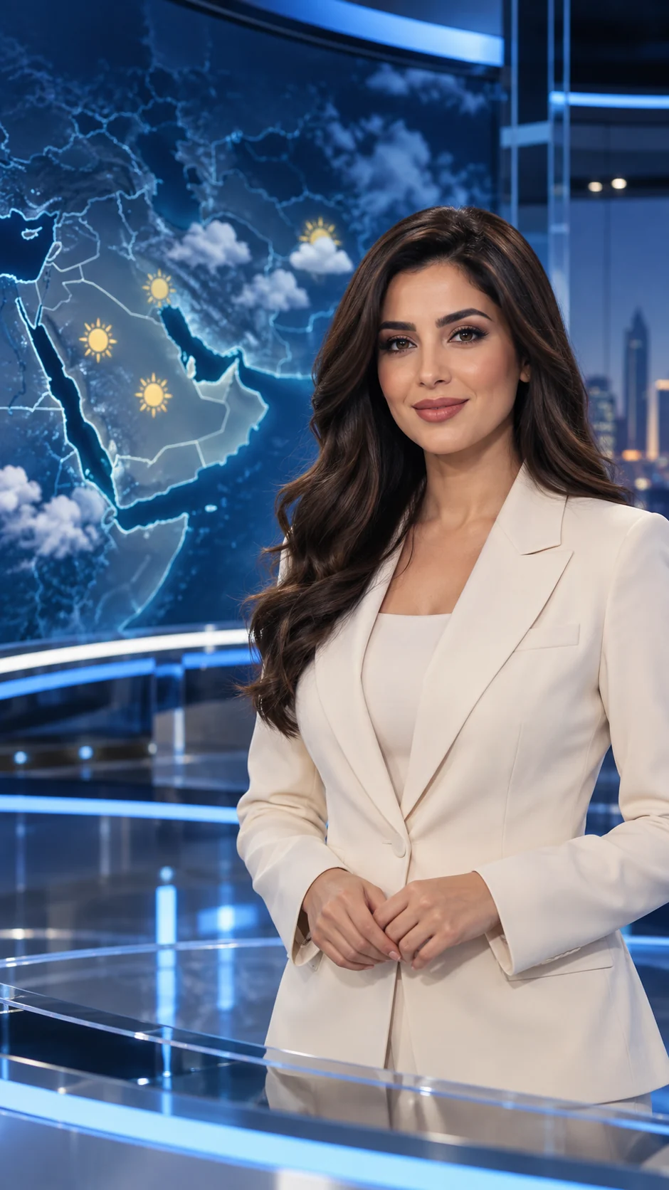 مذيعة في استوديو طقس أمام خريطة إقليمية